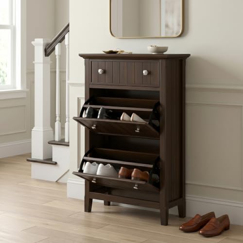 SIMPLIHOME Acadian 32" Wide Solid Wood Shoe Cabinet in Brunette Brown