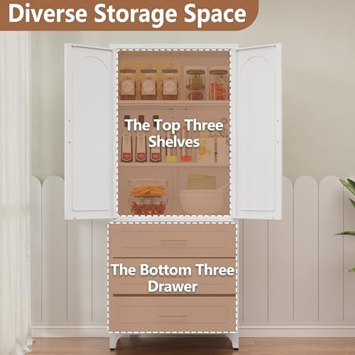 Polup 75" Tall White Metal Pantry Storage Cabinet with 3 Drawers