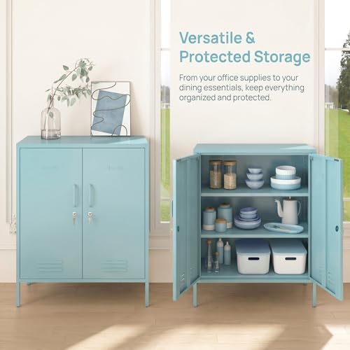 Blue 2-Door Lockable Metal Storage Cabinet, Heavy Duty 3-Tier Tall Locker wit...