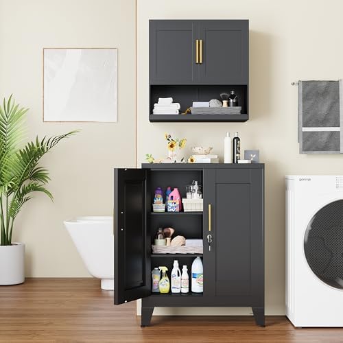 GAIOUS Black Metal Pantry Cabinet with Lock(Two Units), Sideboard Buffet