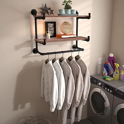 30in Industrial Pipe Clothing Rack,2-Tier Wall Mounted Clothes Rack, Pipe Clo...