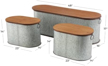 Deco 79 Metal Room Storage Bench Entryway Benches with Brown Wood Top, Set of...