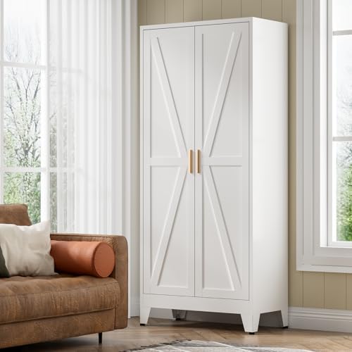 COFaR 5 Tier Metal Farmhouse Storage cabinets with Doors and Shelves, White
