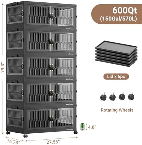BROVIEW 600Qt Stackable Storage Bins with 5 Lids, Front and Side Open Doors, ...