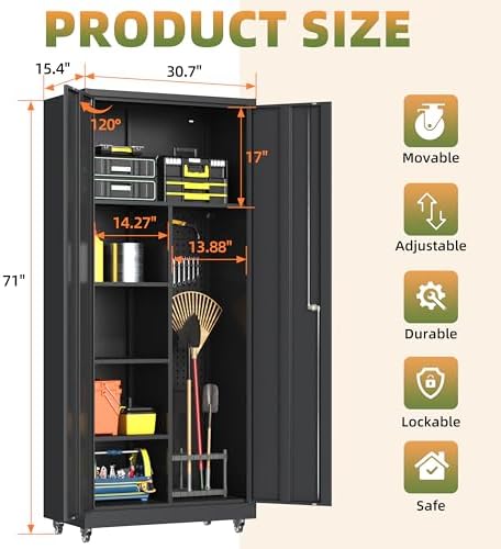 71''H Metal Garage Storage Cabinet with Wheels, Broom Cabinet with Lock