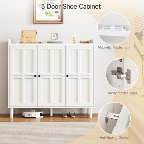 ONBRILL Shoe Cabinet with 3 Doors & Adjustable Shelves for Entryway(White)