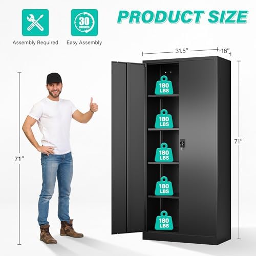 SISESOL Metal Storage Cabinet with 2 Doors and 5 Shelves,71" Lockable Ga...