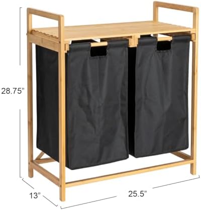 Household Essentials Bamboo Pull Out Double Hamper with Shelf, Natural and Black