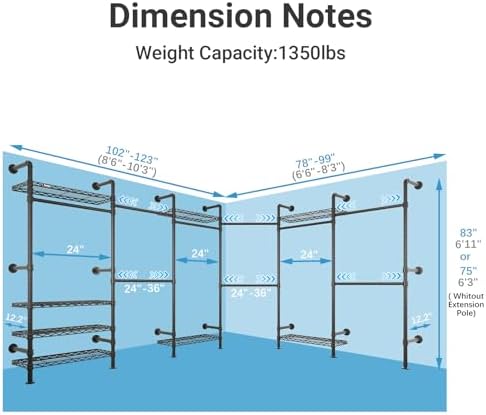 Timate L6 Closet Rack Wall Mount for Corner - Expandable Industrial Pipe Clos...