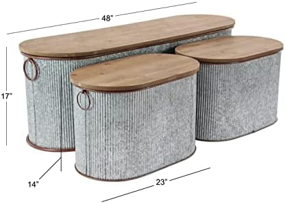 Deco 79 Metal Room Storage Bench Entryway Benches with Brown Wood Top, Set of...