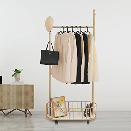 Gold Clothing Rack with Wheels Rolling Clothes Rack with Storage Basket Metal Moveable Coat Rack Stand Modern Garment Rack for Hanging Clothes for Bedroom Boutiques Heavy Duty Coat Hanger Rack