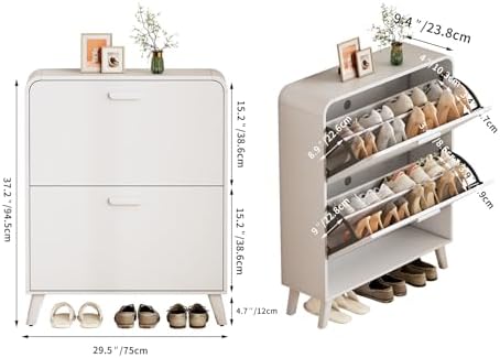 2 Tier Slim Shoe Cabinet with Flip Drawers, Entryway Shoe Storage