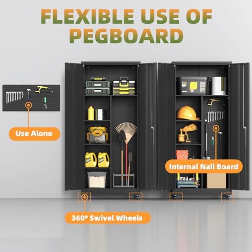 71''H Metal Garage Storage Cabinet with Wheels, Broom Cabinet with Lock