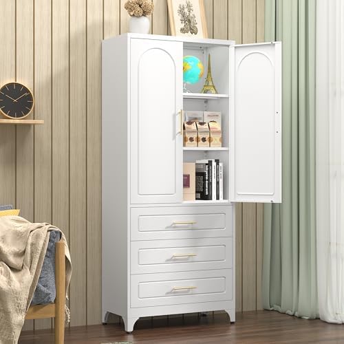Polup 75" Tall White Metal Pantry Storage Cabinet with 3 Drawers