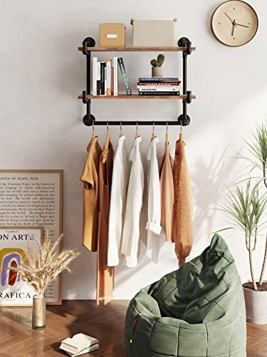 30in Industrial Pipe Clothing Rack,2-Tier Wall Mounted Clothes Rack, Pipe Clo...