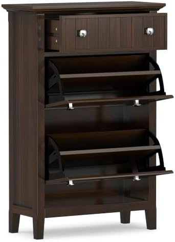 SIMPLIHOME Acadian 32" Wide Solid Wood Shoe Cabinet in Brunette Brown