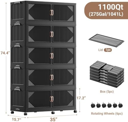 BROVIEW V60 1100QT Plastic Stackable Storage Bins with Lid, 5Pack Black