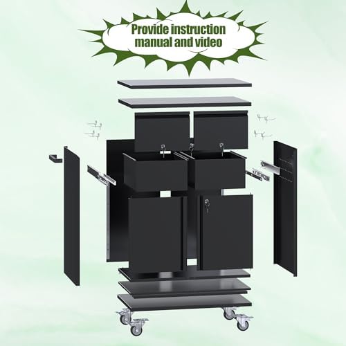 Aobabo Rolling Metal Garage Cabinet with 2 Drawers, Lock and Pegboard