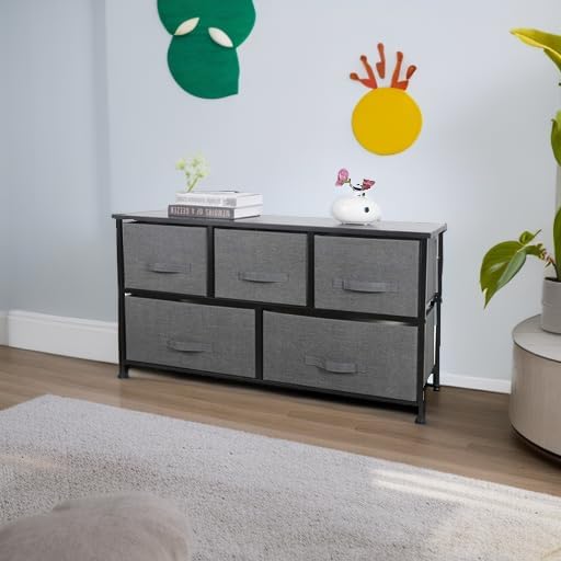 Fabric Dresser 5-Drawer Storage Organizer Unit, Apartment Cloth Dresser with Deep Basket Sturdy Steel Frame & Wooden Top, Room Organization (Grey)