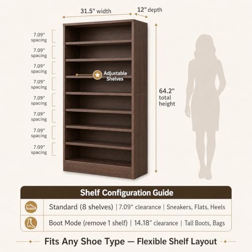 Homieasy 9-Tier Tall Shoe Rack Cabinet for Closet & Entryway, Walnut