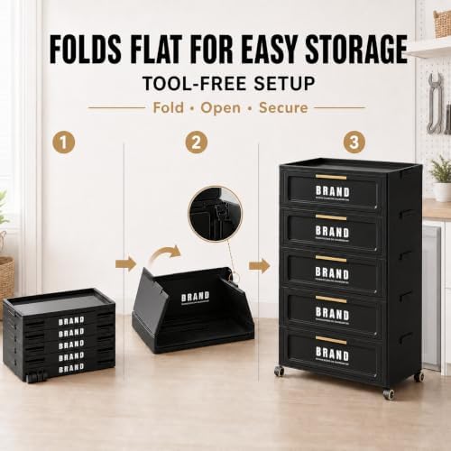 300QT Foldable Storage Cabinet with Doors and Locking Wheels, 5-Tier Heavy-Du...