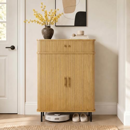 DreamDashio 5-Tier Shoe Cabinet with Sliding Tambour Door, Set of 2, Natura