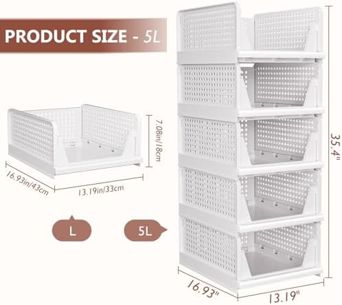 5 Pack Folding Closet Organizers Storage Box, Stackable Storage Bins, Plastic...
