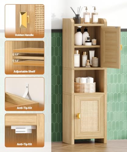 Akxomel 9.8''W Rattan Small Bathroom Storage Cabinet 2 Doors Oak