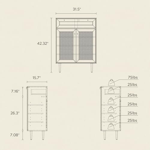 Farmhouse Rattan Shoe Cabinet Boho Shoe Storage Cabinet with 2 Doors Large Wo...