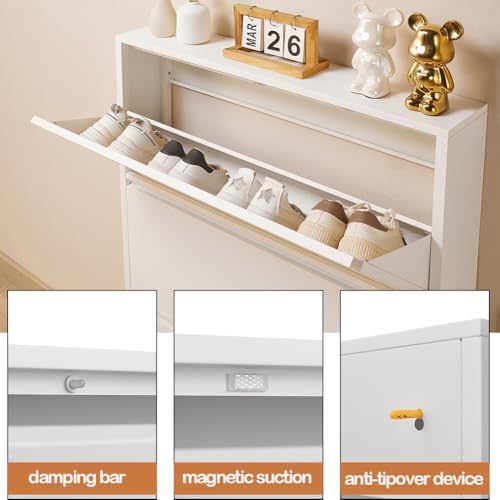 Shoe Storage Cabinet with 3 Flip Drawers, Hidden Slim Narrow Shoe Rack Cabine...