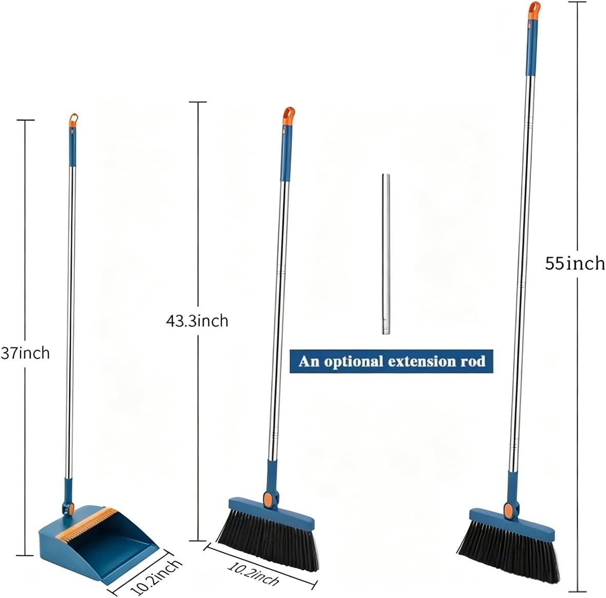 Broom and Dustpan Combo Set, Long Handle with Extension Rod, Rotatable, Non-Stick Hair, for Hard Floors