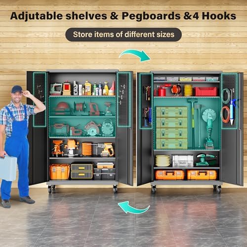 SISESOL Wide & Deep Metal Storage Cabinet with Wheels,Tall Rolling Garage...