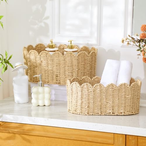 2 Pcs Scalloped Basket Set Hand-woven Baskets with Scalloped Design, 16 x 10 ...