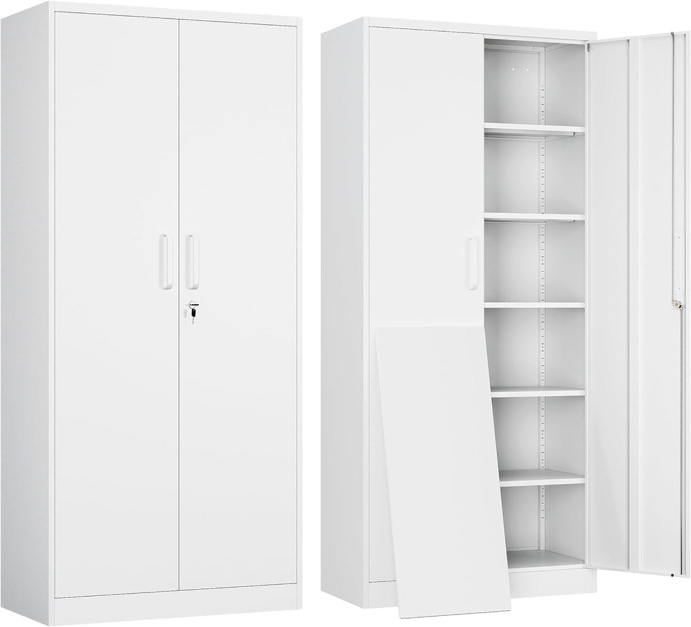 71" H Metal Storage Cabinet with Lock, White Garage Cabinets with 2 Door...
