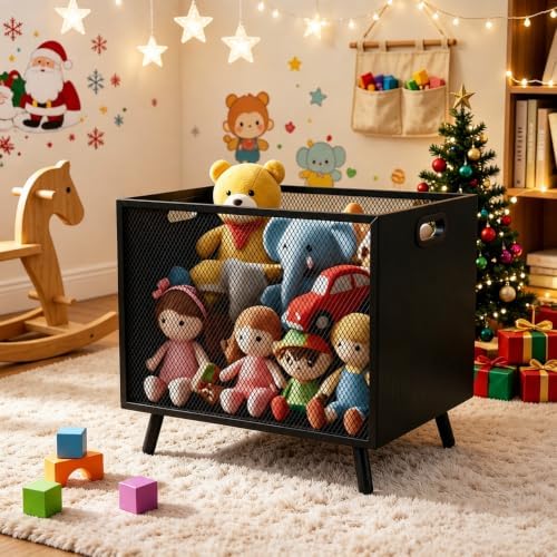 66L Blanket Basket, Large Basket Organizer With Modern Design, Blanket Storage Basket For Living Room, Wood And Metal Mesh Construction, Black