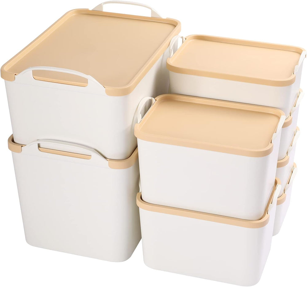 ANMINY White Plastic Storage Bins Baskets with Lids, 8-Pack, 1XL+1L+2M+4S
