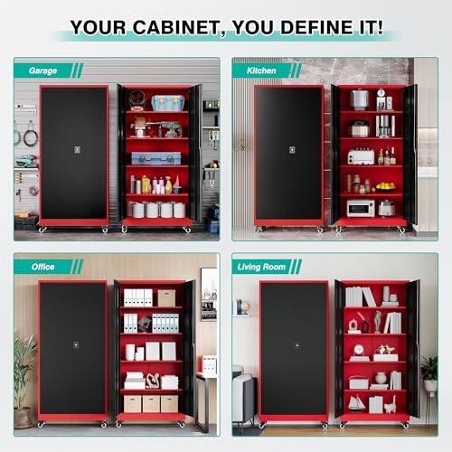 SISESOL 75" Tall Metal Storage Cabinet with Wheels,Rolling Garage Storag...