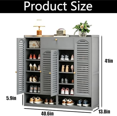 7 Tier Bamboo Shoe Cabinet - Shoe Storage Cabinet with Doors, 35-40 Pairs Bam...