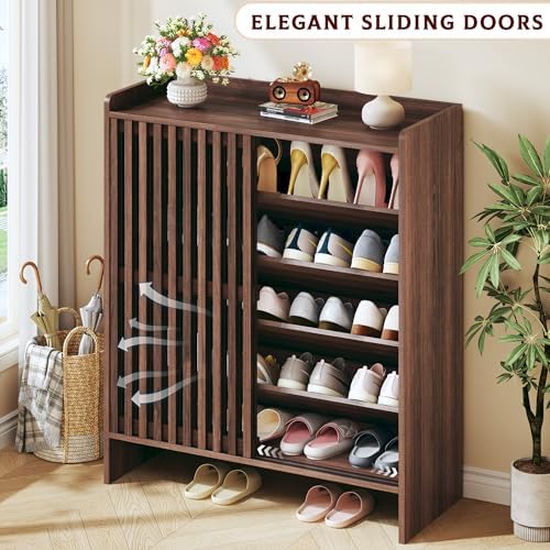 HUAHUU 5-Tier Shoe Cabinet with Sliding Shutter Doors, Wooden Shoe Storage Ca...
