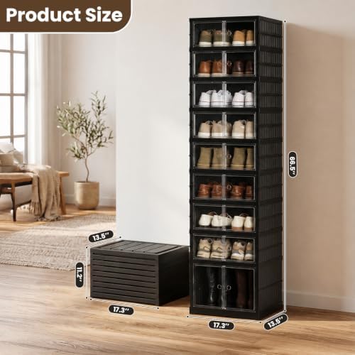 9 Tier Foldable Shoe Rack, Plastic Shoe Storage Cabinet with Clear Doors