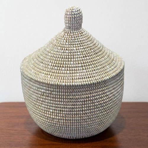 Handwoven Senegalese Basket with Lid Storage Organizer 14"D x 8.5"H