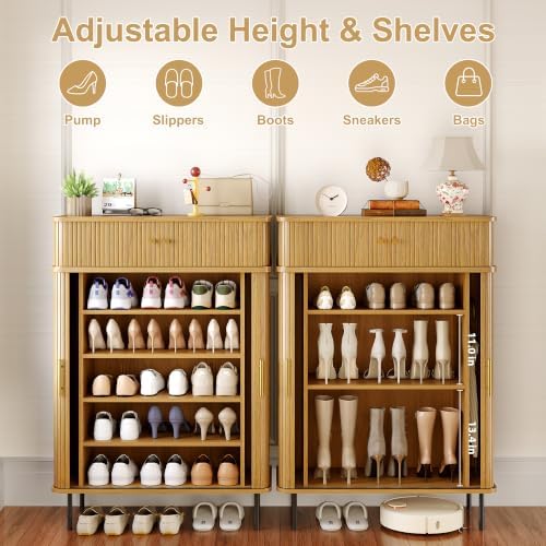 DreamDashio 5-Tier Shoe Cabinet with Sliding Tambour Door, Set of 2, Natura