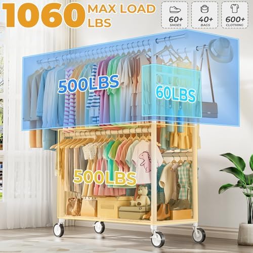 Heavy Duty Clothes Rack Load 1060LBS, Four Rods Rolling Clothing Racks for Ha...