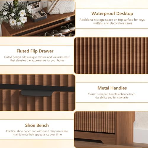 Shoe Cabinet Storage for Entryway with 3 Flip Drawers, Walnut Fluted Shoe Cab...