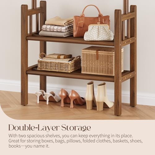 Solid Wood Clothing Rack with Shelves - Coat Rack Freestanding with 6 Hooks L...