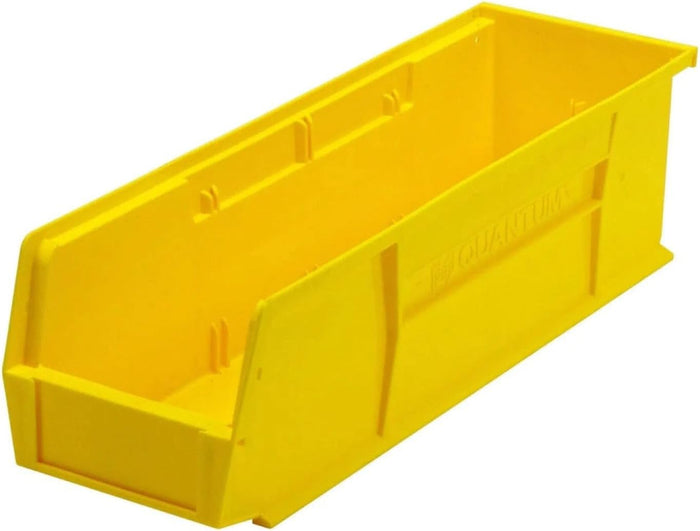 Quantum Storage QUS238 Heavy-Duty Stackable Plastic Storage Bins for Workshop, Warehouse & Garage, Ultra Stack & Hang, 18" x 5-1/2" x 5", Yellow, 12-Pack