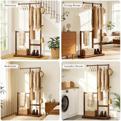 Solid Wood Coat Rack Freestanding Double Rod Clothes Rack Space Saving