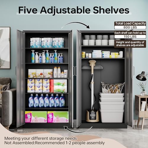 Metal Storage Cabinet with Lock,71" Garage Cabinets with 2 Doors and 4 A...