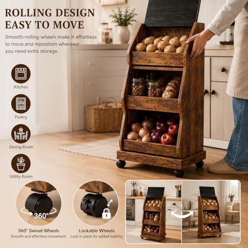 Rustic Farmhouse Pantry Cabinet with Wheels for Kitchen Storage