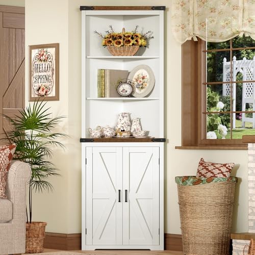 TEENFON Farmhouse Corner Cabinet, 70" H Tall Corner Hutch with 5 Shelves...